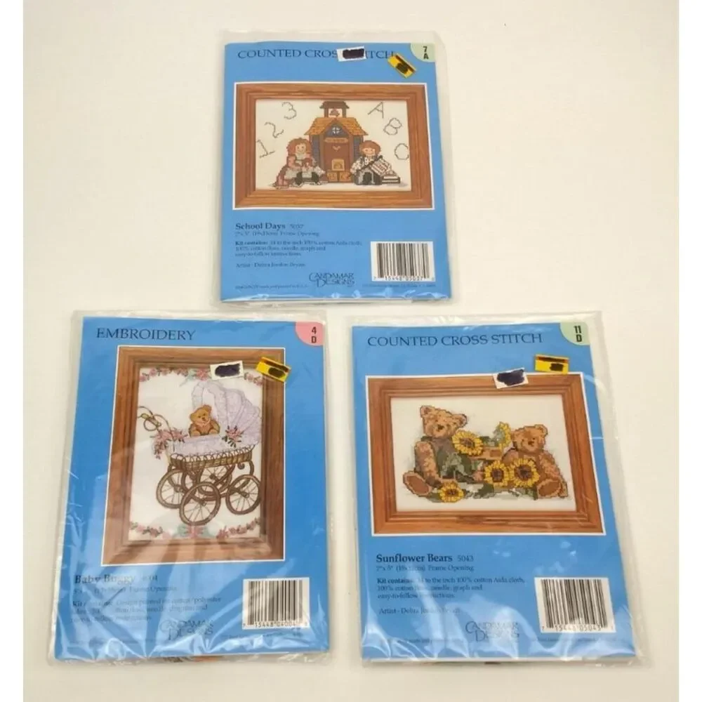3 Vtg Candamar Designs Counted‎ Cross Stitch & Embroidery Kits Bears School NOS